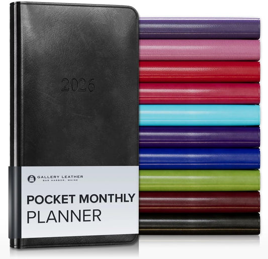 Gallery Leather Pocket Monthly Planner 2025-2026, Elegantly Bound Calendar Planner and Notebook with Stylish Gold-Gilded Page Edges, 18 Months - Acadia Black - 6x3.25""