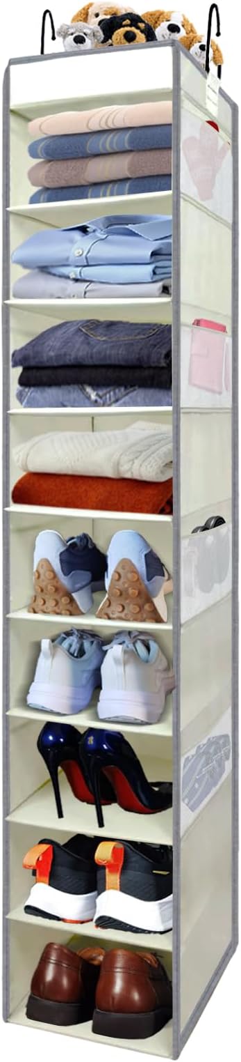 Large-Sized Hanging Shoe Organizer 10-Shelf, Sturdy Hanging Closet Organizer with 8 Side Pockets, Wider Hanging Shelves for Storage Shoes Clothes Jeans Shirts Toys, Beige