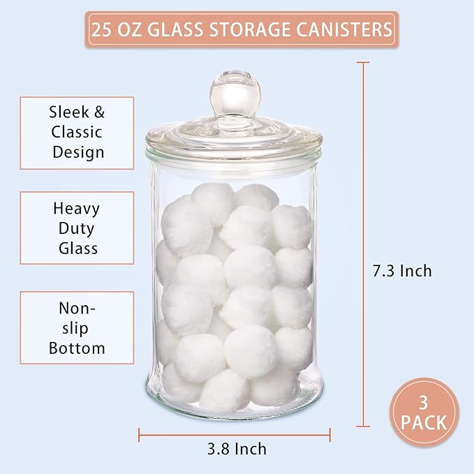 3 Pack Glass Apothecary Jars with Lids, 25oz Clear Bathroom Accessories Canisters Storage Organizer, Cotton Ball Holder Containers, Glass Jars for Bathroom, Vanity, Laundry Room