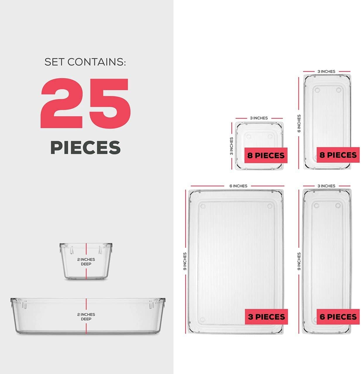 25 PCS Clear Plastic Drawer Organizers Set, 4-Size Versatile Bathroom and Vanity Drawer Organizer Trays, Storage Bins for Makeup, Bedroom, Kitchen Gadgets Utensils and Office Accessories