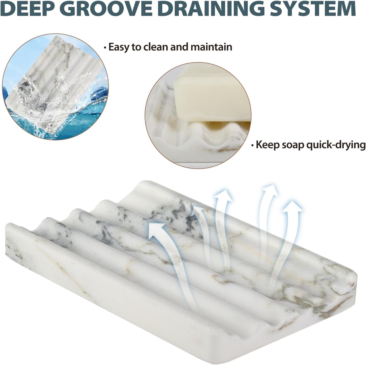 Koville African Natural Marble Soap Dish for Shower, Stone Soap Tray for Bathroom, Bar Soap Holder for Sink, Stripe Grooves Soap Saver Stone Dish Keep Bars Dry Easy Clean (Namib Bianco)