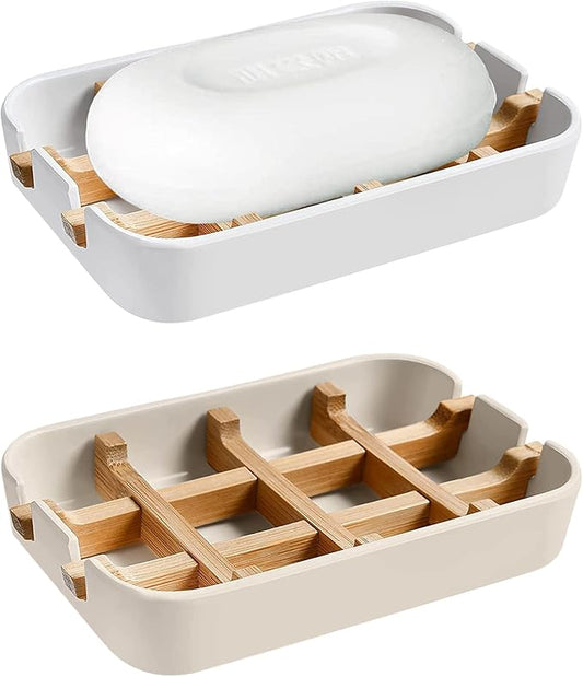 Aoheuo Modern Bamboo Fiber soap Holder and soap Dish Combination (Removable),5.12 Long by 3 Wide, 0.98 inches high, Used in Kitchens, bathrooms, and bar Sinks (Off White,White)