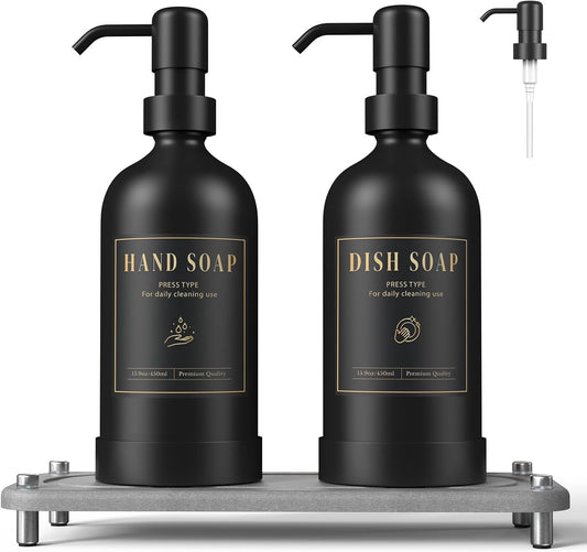 Luxspire Soap Dispenser Set, Hand Soap Dispensers with Fast Drying Tray, 17 oz Glass Refillable Liquid Bottle for Bathroom & Kitchen, Kitchen, 2 Pack, Black + Dark Gray