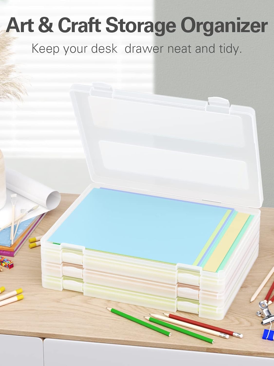 iBune 4-Pack A4 Plastic Paper Organizer Box, Scrapbook Storage for 8.5” x 11” Letter Papers, Portable Document Holder, Photo Storage Box Sticker Art Supplies Organizers, 12.2” x 8.9” x 0.7” Inner Size