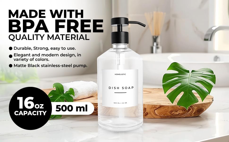 Luxury Glass Soap Dispenser Set of 2 - Elegant Clear Glass Bottles with Matte Black Stainless Steel Pumps, Kitchen Soap and Bathroom Hand Soap Dispenser, Perfect Pump All Homes.
