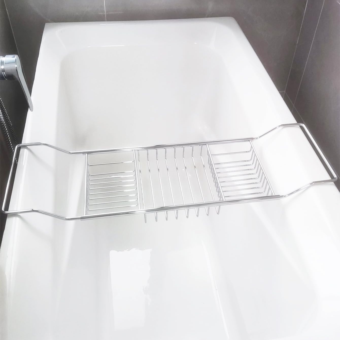 Stainless Steel Expandable Shower Bathtub Tray Over Tub Bath Caddy Expandable Bath Caddy for The Elegant Tub Chrome Polished (Silver)