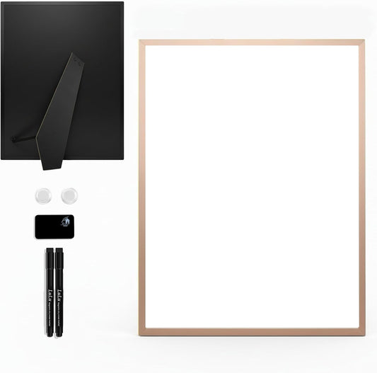 Small Whiteboard 12 x 16 Inch Magnetic Dry Erase Board with Stand & Wall Mount | Rose Gold Aluminum Frame | Desktop Board for Home, Office, Reception, Events | 2 Markers, Eraser & 2 Magnets