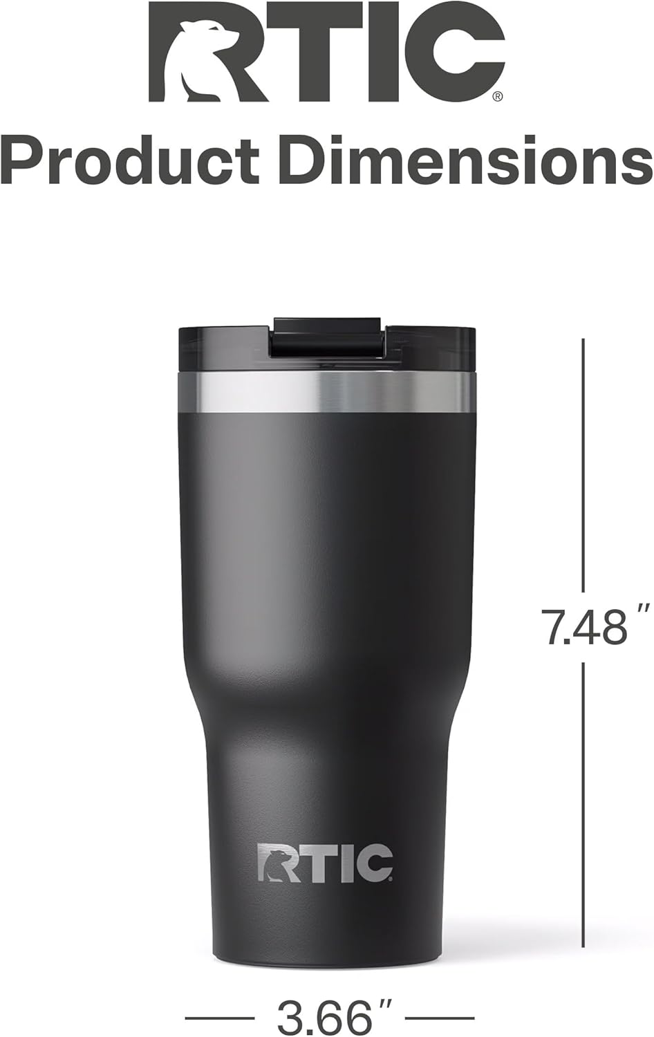 RTIC 20oz Essential Tumbler with Lid, Ceramic Lined, Insulated, Stainless Steel, Metal, Double Wall Vacuum-Insulation, Travel Cup for Iced Coffee, Tea, Hot and Cold Drink, Black
