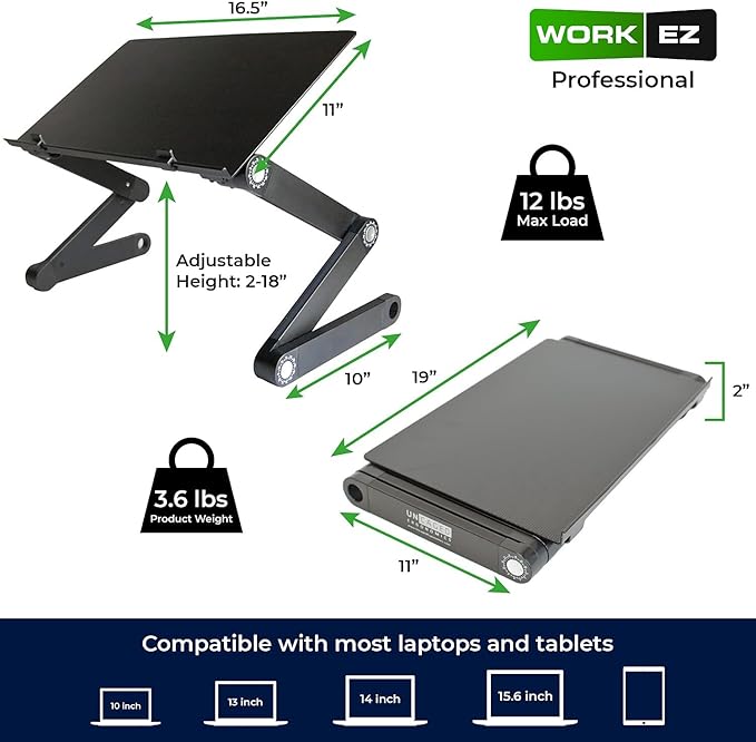 WorkEZ Adjustable Laptop Stand for Desk, Adjustable Height Laptop Stand, Ergonomic Foldable Portable PC Holder, Computer Riser, Home Office Supplies