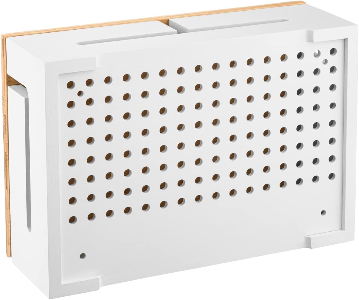 Bamboo Cable Management Box with Magnetic Lid & Ties - Elegant, Durable Cable Organizer to Hide Cords & Power Strip - Wall Mountable Box Hider for Home, Office, Desk & More (White)