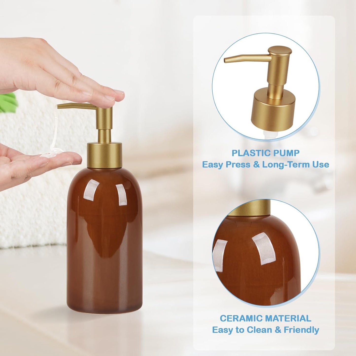 Natheeph 14OZ Ceramic Soap Dispenser Ceramic Soap Pump Dispenser Can Fill Liquid for Bathroom/Kitchen (2PC Brown)