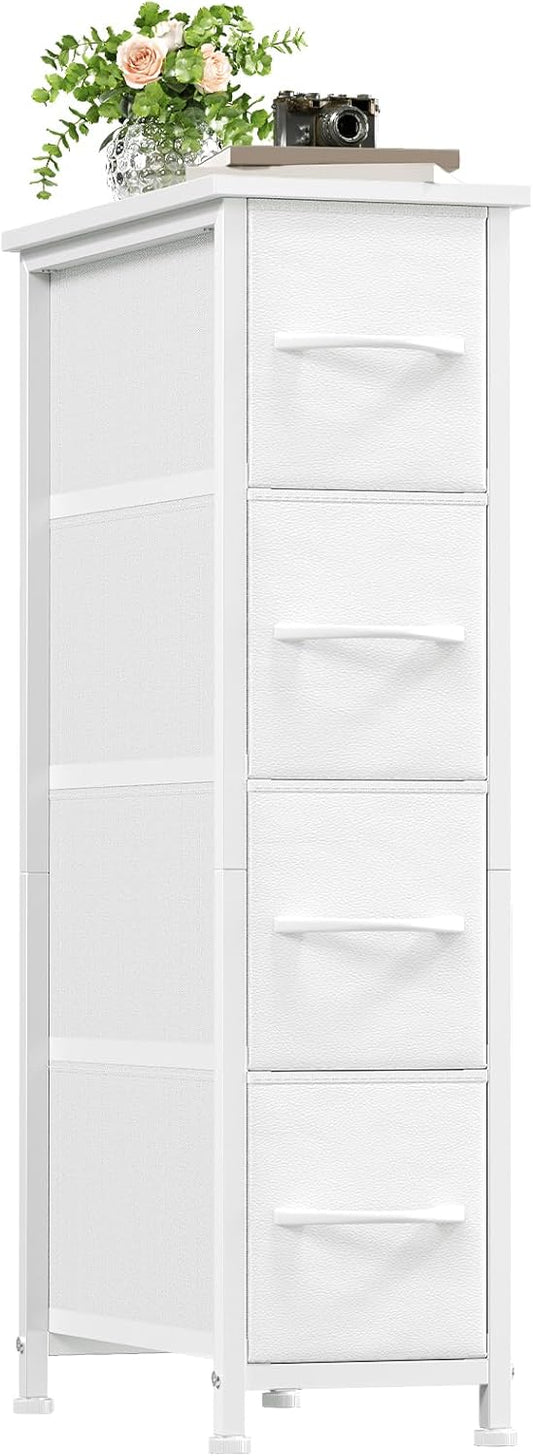 Somdot Narrow Dresser with 4 Drawers, Slim Storage Organizer Chest of Drawers with Removable Fabric Drawers for Small Spaces Bathroom Closet Bedroom Laundry, White Leather