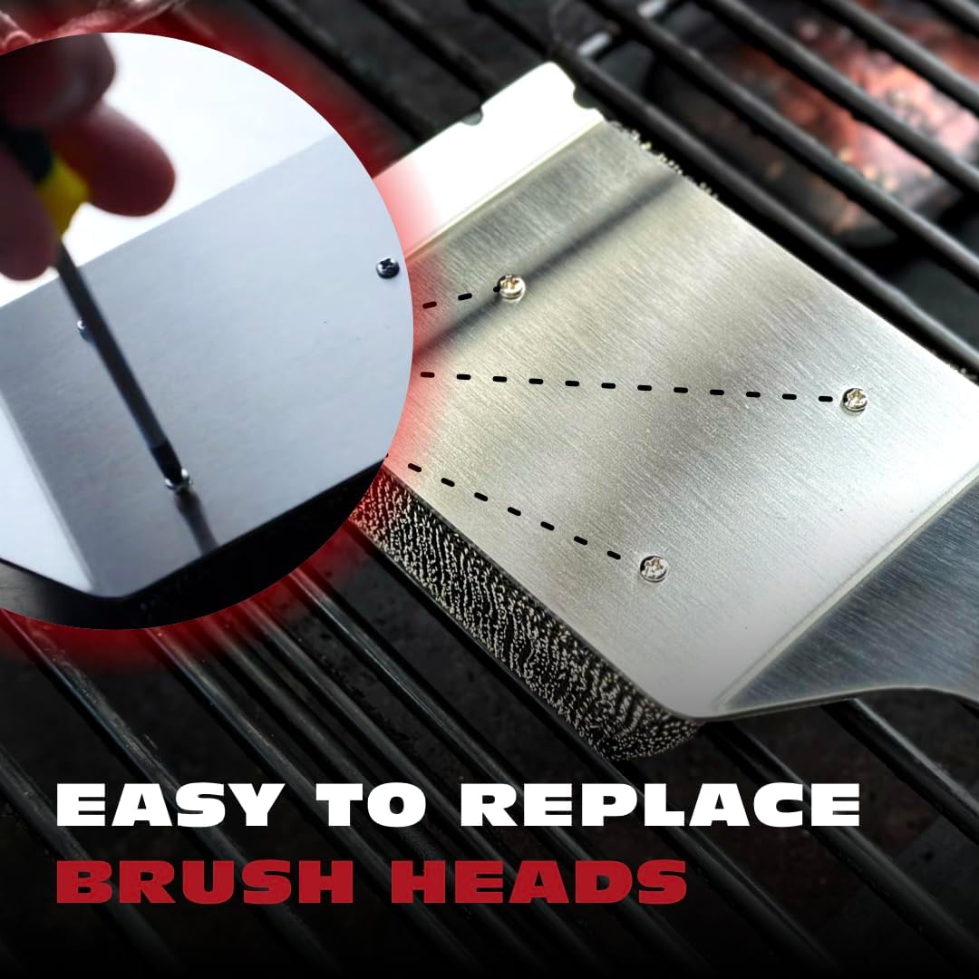 BBQ-AID Bristle Free Grill Brush and Scraper for Barbecue - Extended Large Wooden Handle with Replaceable Head - No Scratch BBQ Cleaning Accessories for Outdoor Grills
