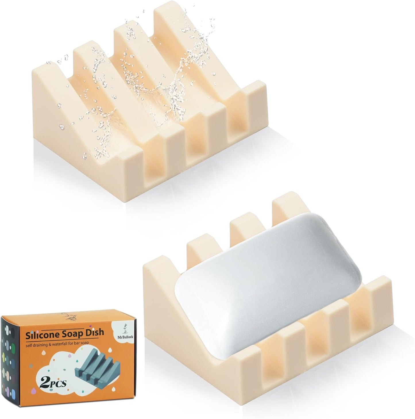 Silicone Soap Dish for Bar Soap Holder for Shower Bathroom Self Draining Waterfall Drying Tray Keep Soap Bars Dry Clean & Easy Cleaning (Cream White, 2)