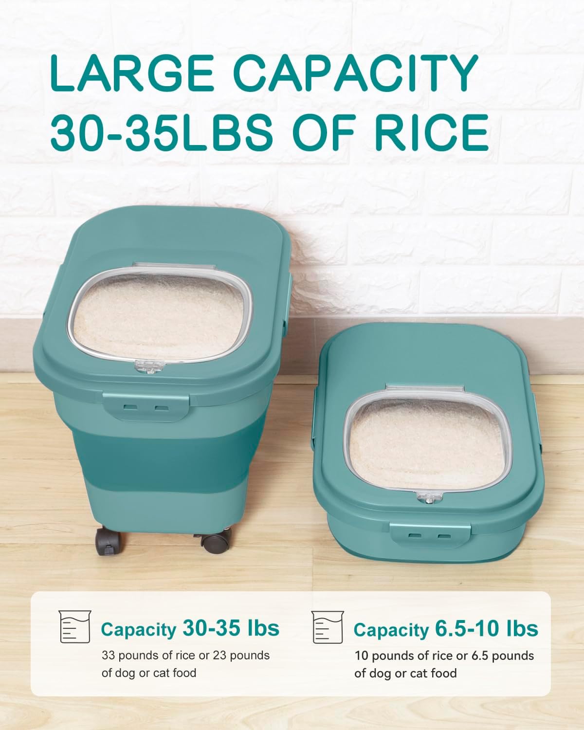 20-30 Lbs Rice Storage Container,Collapsible Food Storage Containers with Rolling Wheel Airtight Locking Lid,Flour Storage Container with Cup and Scoop,Suitable for Food,Rice,Pet Food,Flour