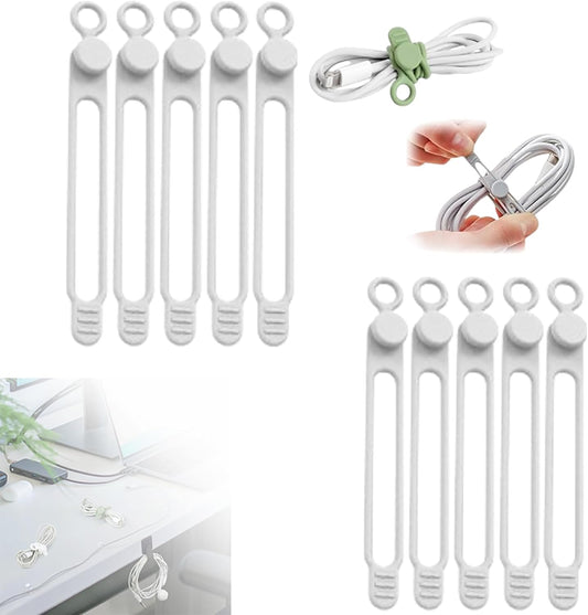 Silicone Cable Ties, 2024 New Data Cable Organizer Silicone Cable Ties Reusable Cable Management Organizer Multipurpose Cable Management for Travel/Portable/Office/Home Desk (White, 10 Pcs)
