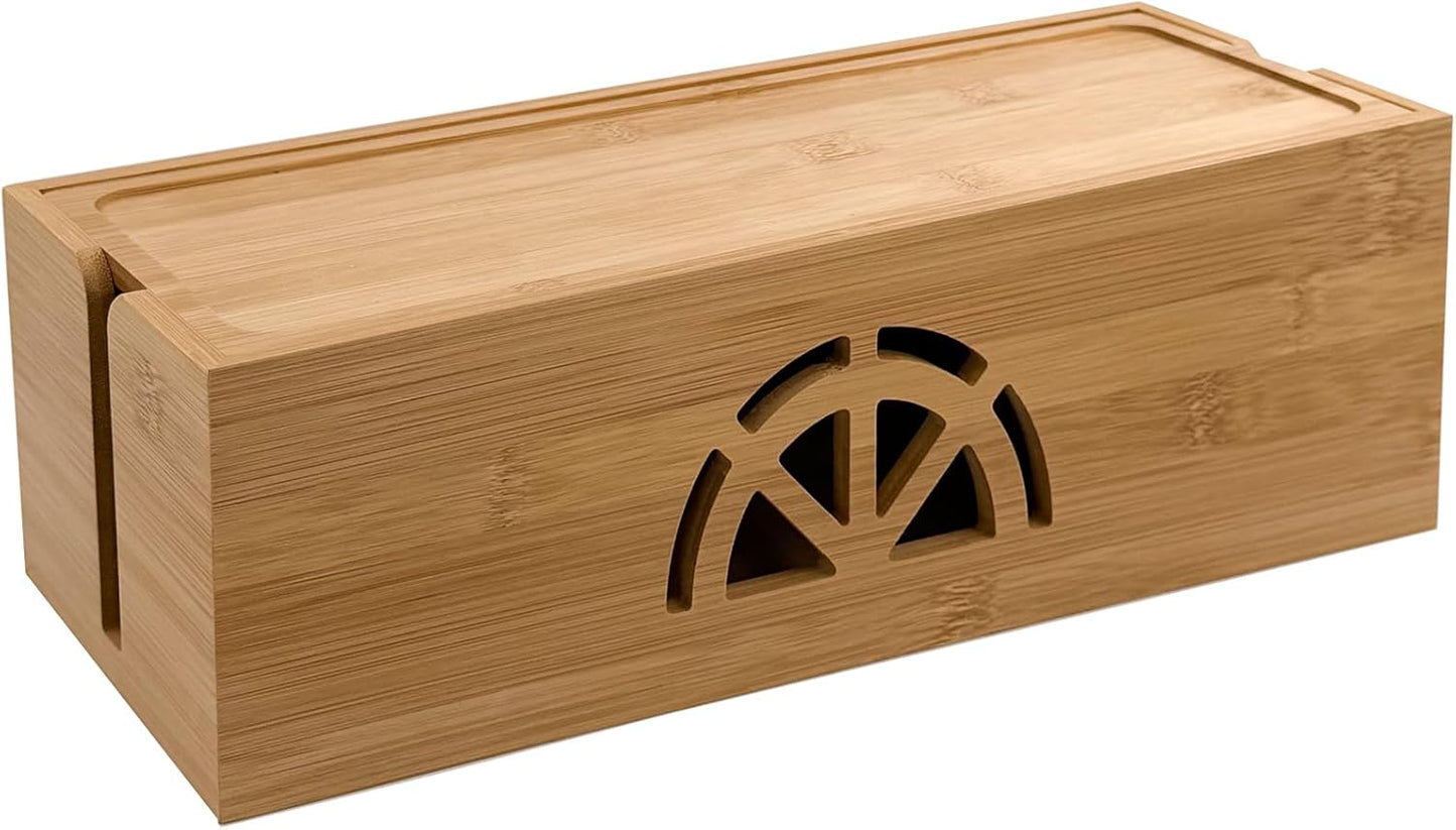 Bamboo Cable Management Box,Extra Large Cord Organizer Box,Power Strips Hider,Plug Strip Cord Box,Outlet Holder,Cords Concealer,Wires Covers,Desk & Floor Tidy Solution (Straight lid)