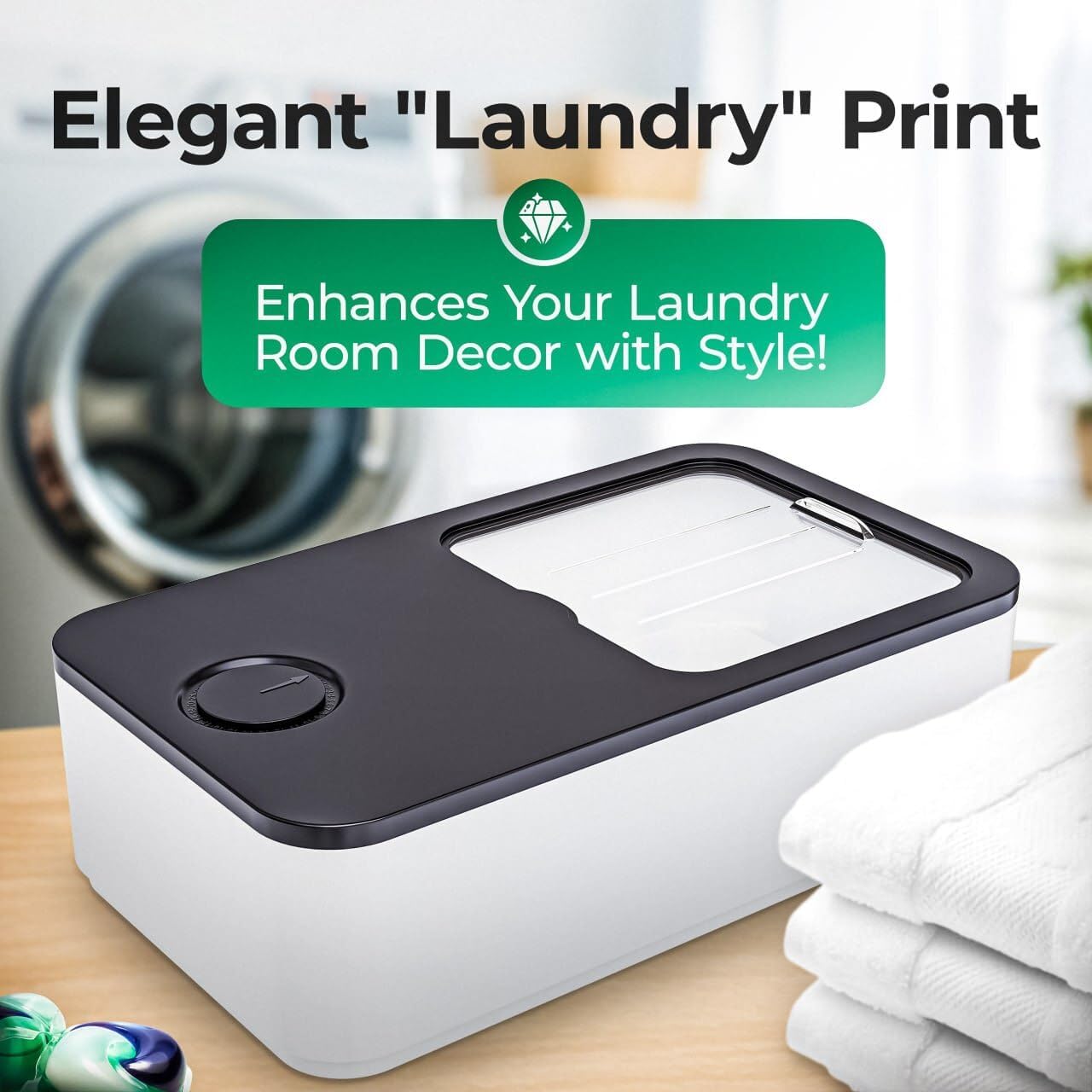 Skywin Laundry Pod Container with Slide Lid, 15 x 8.7 x 4.5 In, Holds 11 Pounds OR 120-150 Pods, Black with Print