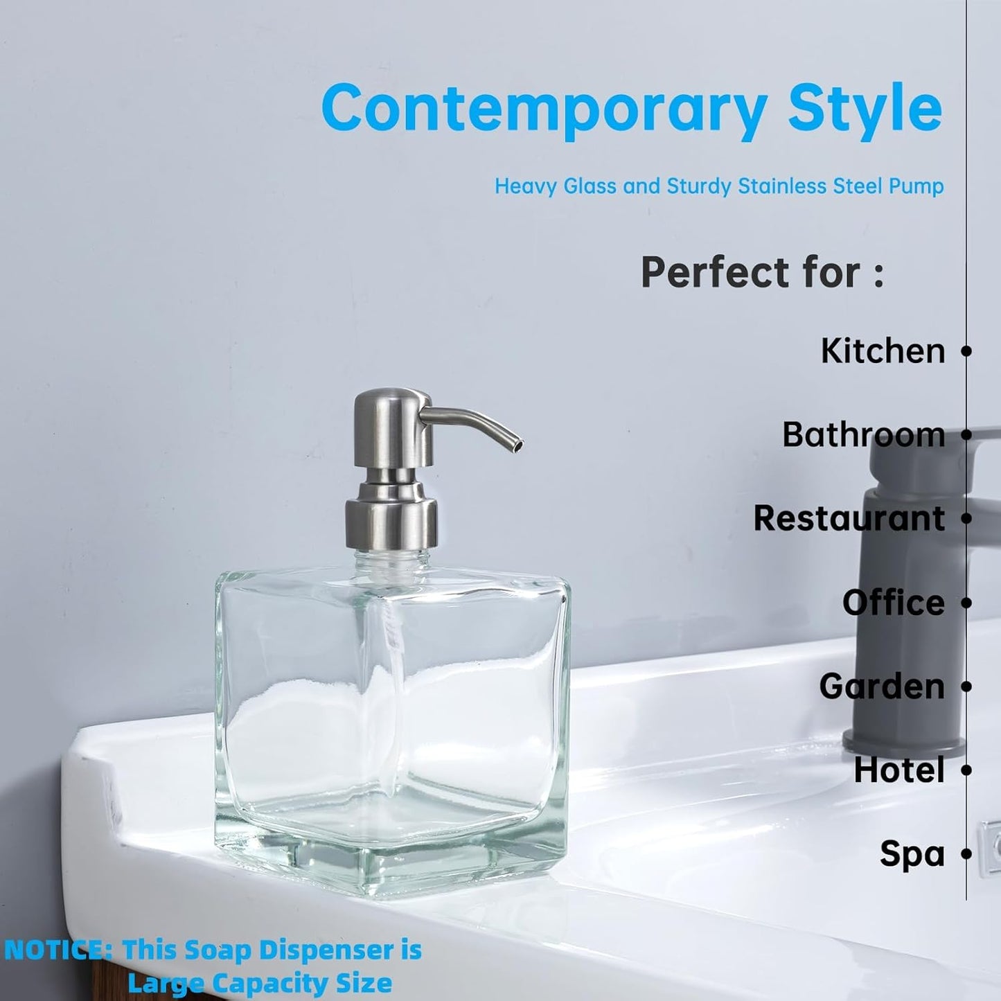 Square Bathroom Soap Dispenser Brushed Nickel, Large Capacity 16.9 oz Glass Bottles with Stainless Steel Pump Retangle Cube Liquid Soap Dispenser Kitchen