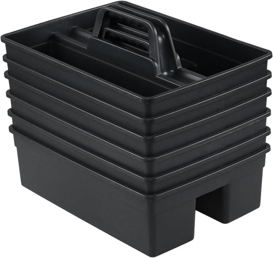 Set of 6 Plastic 3 Compartments Cleaning Supplies Caddy with Handle, Commercial Cleaning Caddy Organizer, Gray