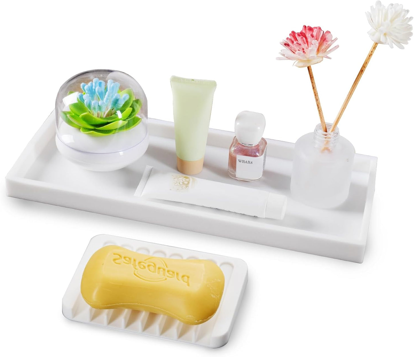 Bloss Small Bathroom Vanity Tray with Soap Dish, 8 x 4 inch Silicone Kitchen Sink Soap Tray,Bathroom Counter Trays Organizer for Candle Perfume Jewelry Key, Write