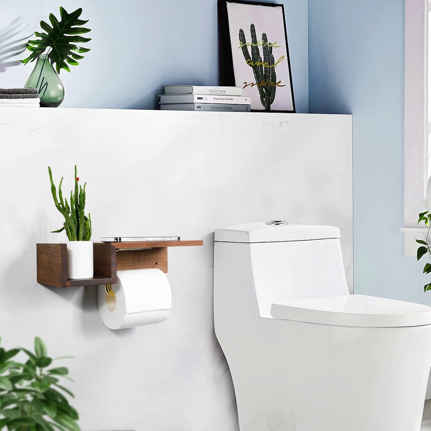 Wall-Mounted Toilet Paper Holder with Shelf and Storage, Made of Walnut Wood - Toilet Roll and Tissue Holder for Bathroom(Walnut Wood)