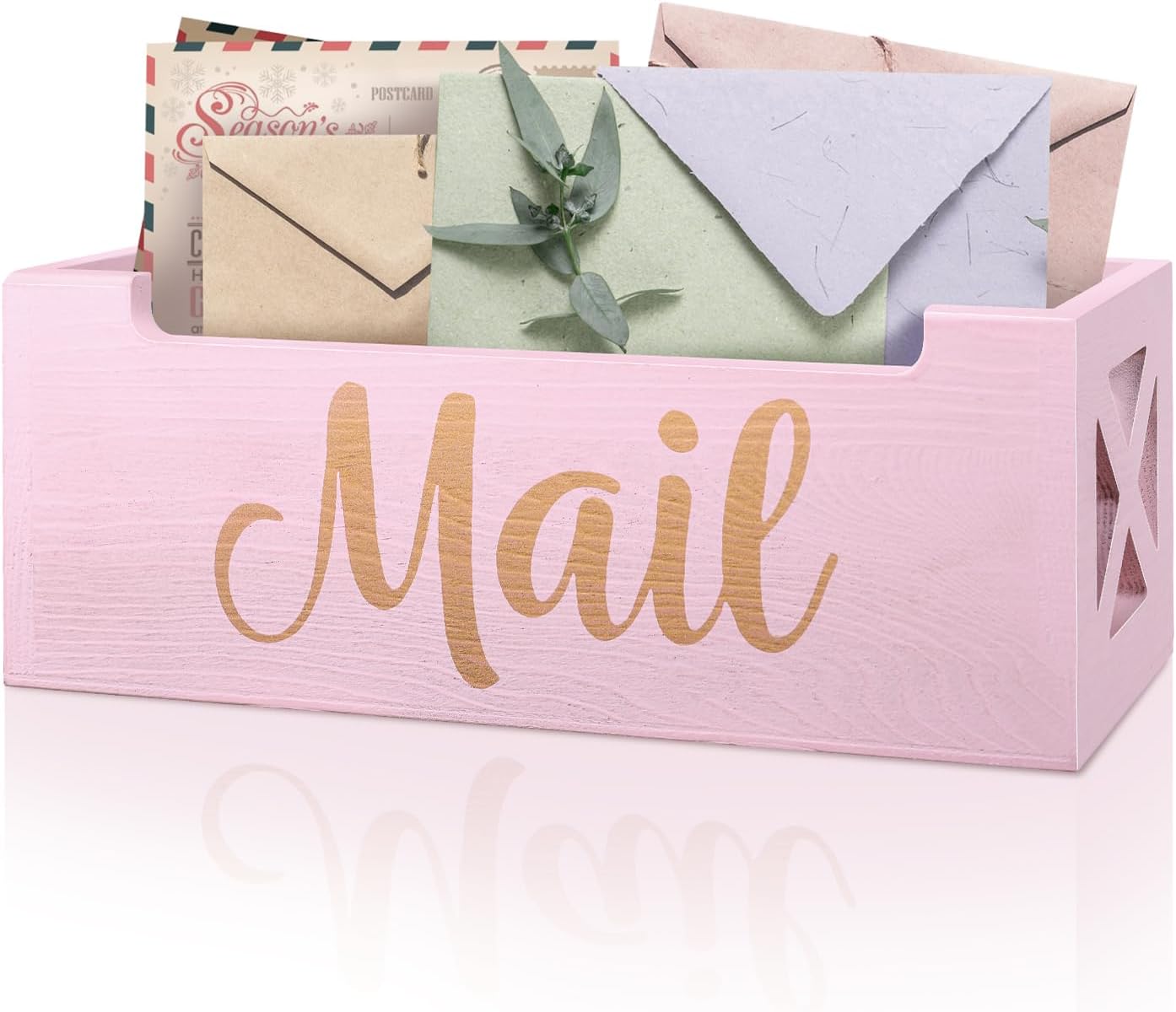 Pink Mail Organizer Cute Mail Holder Countertop, Wooden Mail Basket Mail Tray Letter Holder for Office Desk, Farmhouse Mail Storage Box Wall Mounted