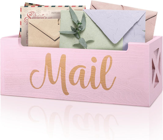 Pink Mail Organizer Cute Mail Holder Countertop, Wooden Mail Basket Mail Tray Letter Holder for Office Desk, Farmhouse Mail Storage Box Wall Mounted