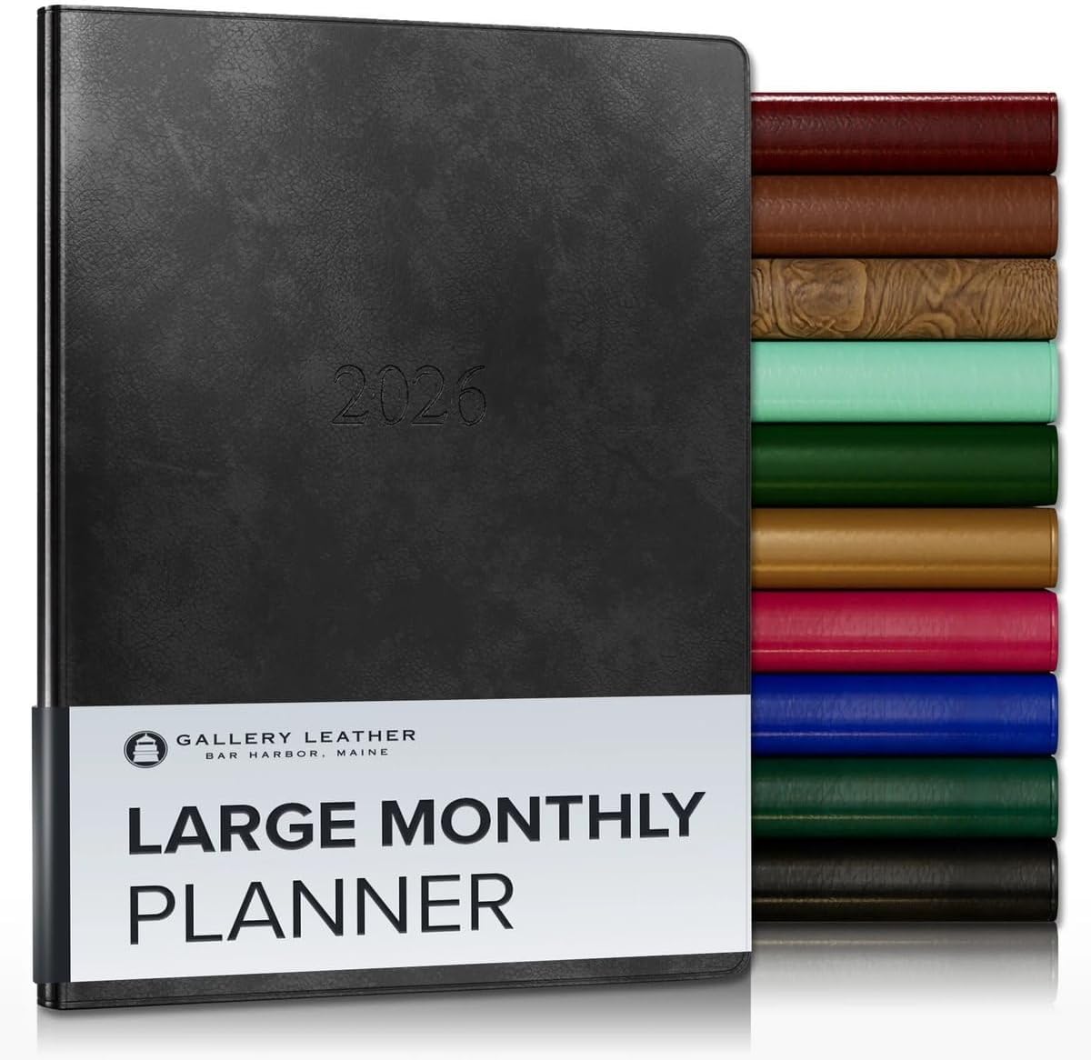 Gallery Leather Large Monthly Planner 2025-2026, Elegantly Bound Calendar Planner and Notebook with Stylish Gold-Gilded Page Edges, 18 Months - Acadia Black - 9.75x7.5"