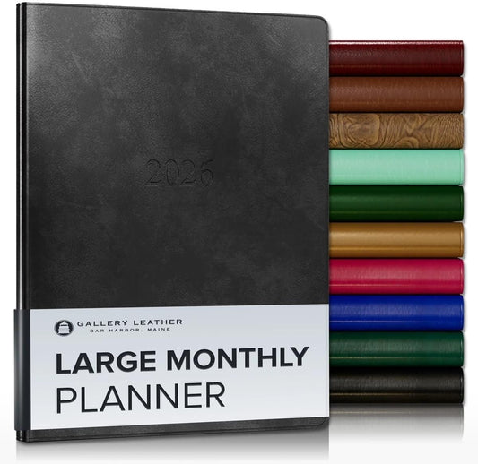 Gallery Leather Large Monthly Planner 2025-2026, Elegantly Bound Calendar Planner and Notebook with Stylish Gold-Gilded Page Edges, 18 Months - Acadia Black - 9.75x7.5"