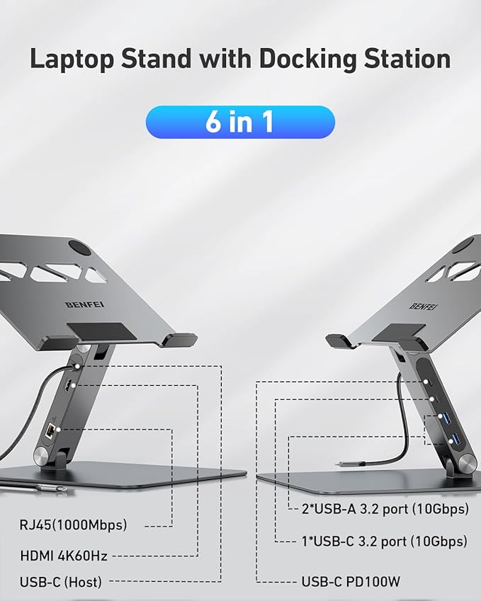 BENFEI Laptop Stand with USB C 6in1 Docking Station, HDMI 4K@60Hz,Gigabit Ethernet, 100W Power Delivery, 10Gbps 1*USB C 3.2 and 2*USB A 3.2 Compatible with MacBook Pro/Air, iPad Pro, XPS, Thinkpad