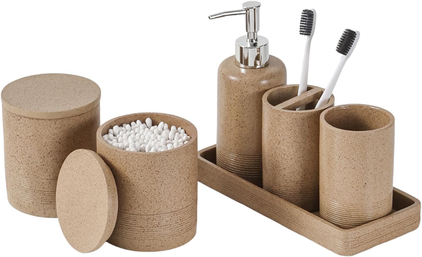 Bathroom Accessories Set, 6 PCS Modern Rustic Resin Bathroom Organizer Set, Toothbrush Holders Set, Soap Dispenser, Vanity Tray, Tumbler, Cotton Swab Jars (Dark Beige)