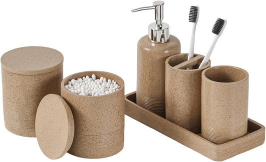 Bathroom Accessories Set, 6 PCS Modern Rustic Resin Bathroom Organizer Set, Toothbrush Holders Set, Soap Dispenser, Vanity Tray, Tumbler, Cotton Swab Jars (Dark Beige)