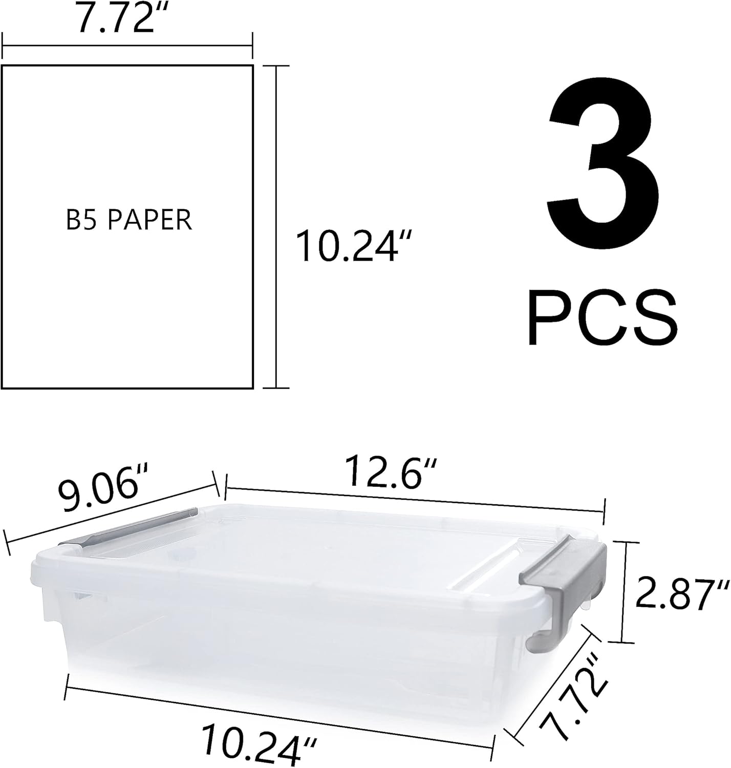 Citylife 3 PCS Plastic Storage Bins with Latching Lids Portable Project Case Clear File Box Stackable Storage Containers for Organizing B5 Paper, Photo, Document, Scrapbook
