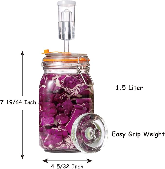 JILLMO Fermentation Jar, 1.5 Liter Glass Fermenting Jar with Fermenting Weights and Airlocks, Pack of 2
