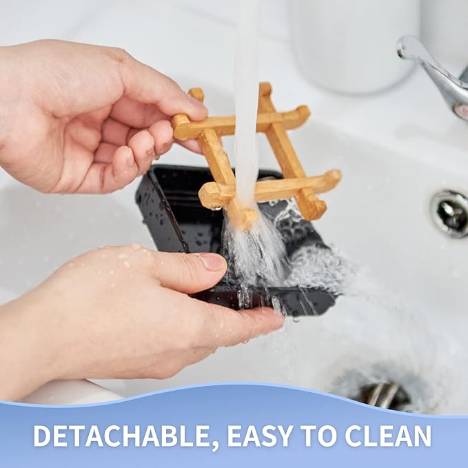 Bamboo Soap Dishes for Bar Soap Holders for Shower with Drainage for Bathroom Sink Bulk Small Wooden Soap Tray (Single Right Angle Black)