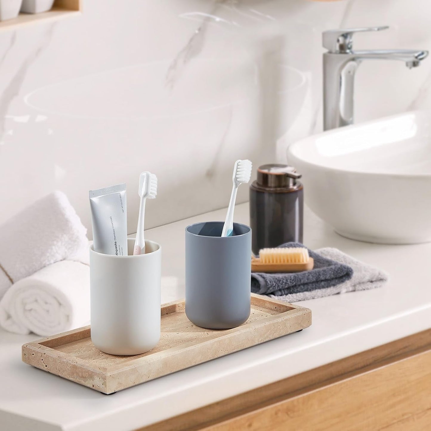 Natural Small Travertine Tray for Bathroom Vanity and Kitchen Sink, Stone Countertop Organizer for Soap Dispenser, Jewelry, Perfume, Candle, Ring, Home Decor, Non-Resin Non-Ceramic