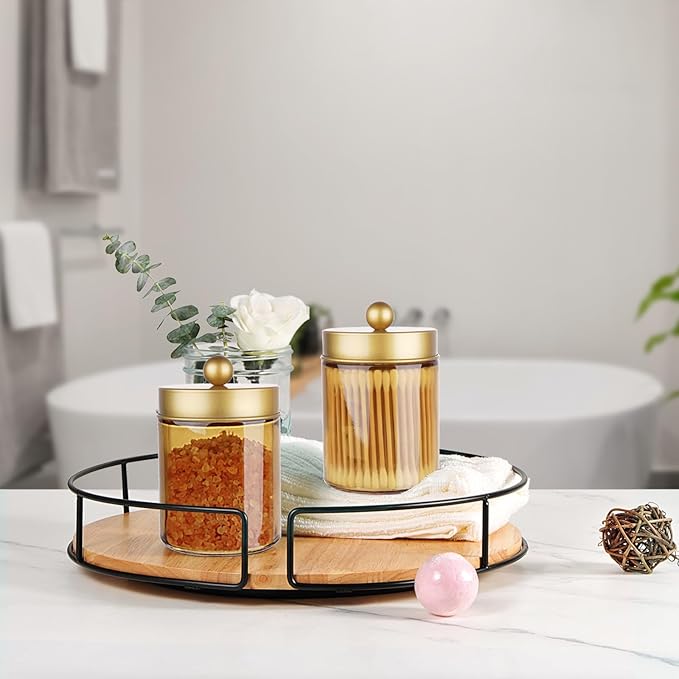 Amolliar Bronze Glass Apothecary Jar With Metal Lid & Stickers, Bathroom Qtip Dispenser Storage Canister, Perfect for Cotton Balls, Cotton Swabs, Makeup Pads, Bath Salt, Floss, 1 Pack(Gold)