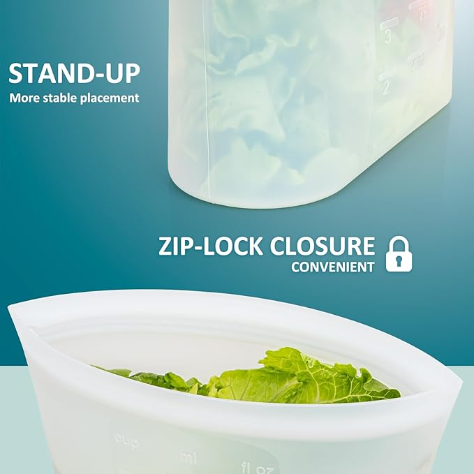 8-Pack Reusable Silicone Food Storage Bags, 100% Silicone Stand-Up Wide-Open Zip-Lock Reusable Storage Bags for Food, Freezer Microwave Oven Dishwasher Safe, Translucent, 2XL(0.8 Gallon) 2L 2M 2S