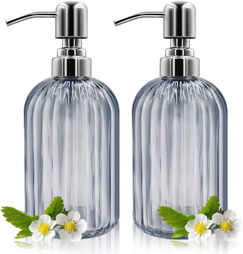 Soap Dispenser - 2 Pack 14 Oz Glass Soap Dispenser with Rust Proof Stainless Steel Pump, Refillable Liquid Bottle Dispenser, Premium Hand Jar Dispenser for Bathroom, Kitchen, Countertop (Grey)