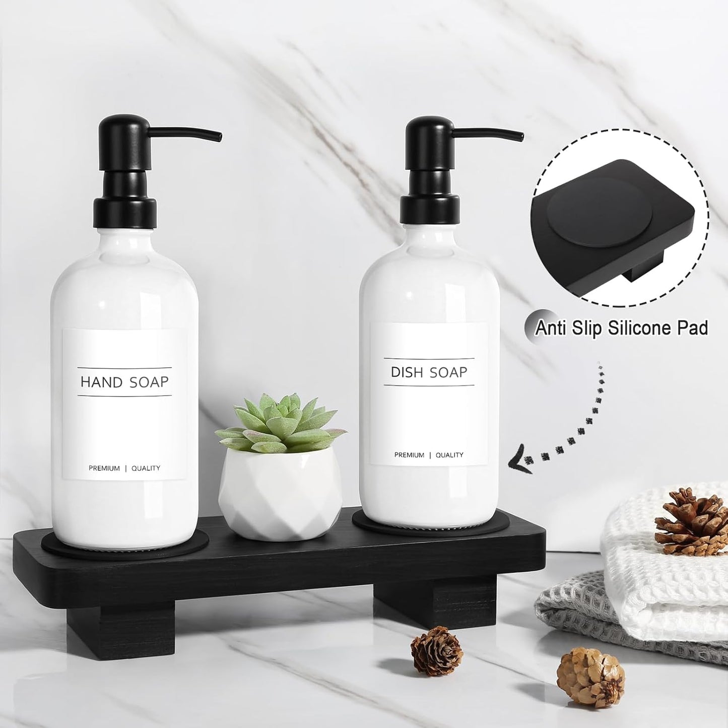 Hand Soap Dispenser for Kitchen, White Soap Dispensers with Stainless Steel Pump, Bathroom Soap Dispenser Set with Wood Riser Tray, Kitchen Dish Soap Dispensers Bathroom Decor(White)