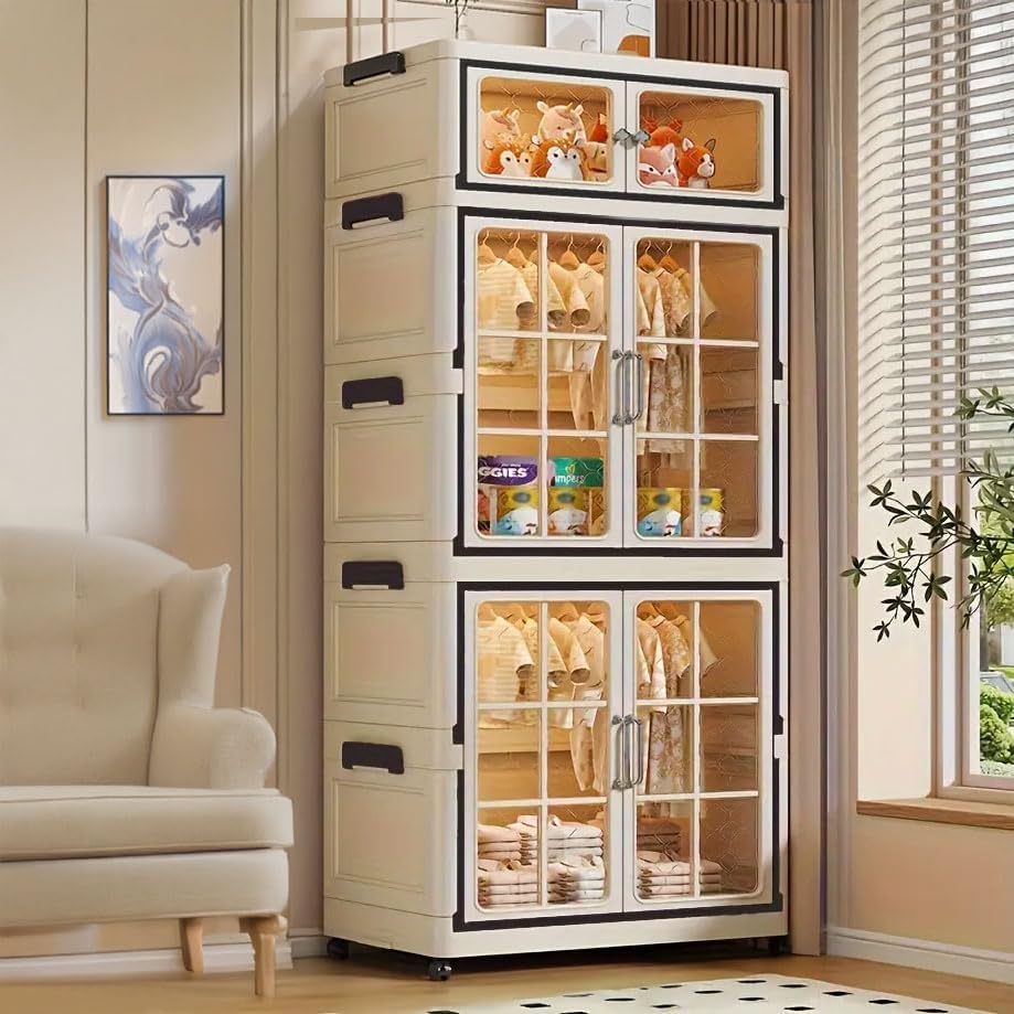 SunSettler Collapsible Plastic Storage Bins with Lid, Folding Storage Cabinets, Stackable Cabinets with Wheels, Stackable Closet Organizers for Home and Office Dorm Organizer Essential