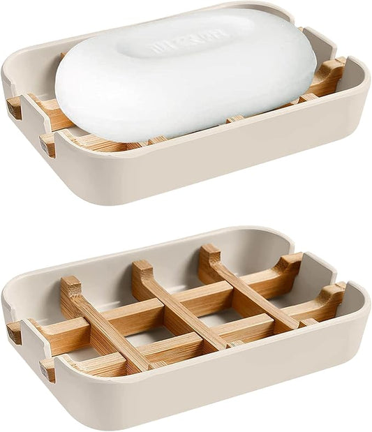 Aoheuo Modern Bamboo Fiber soap Holder and soap Dish Combination (Removable), Off White, 5.12 Long by 3 Wide, 0.98 inches high, Used in Kitchens, bathrooms, and bar Sinks