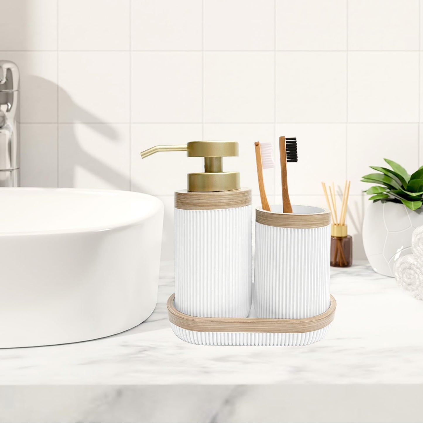 3-Piece Bath Accessories Set with Vanity Tray, Lotion Soap Pump, Bathroom Tumbler, Countertop Organizer, White