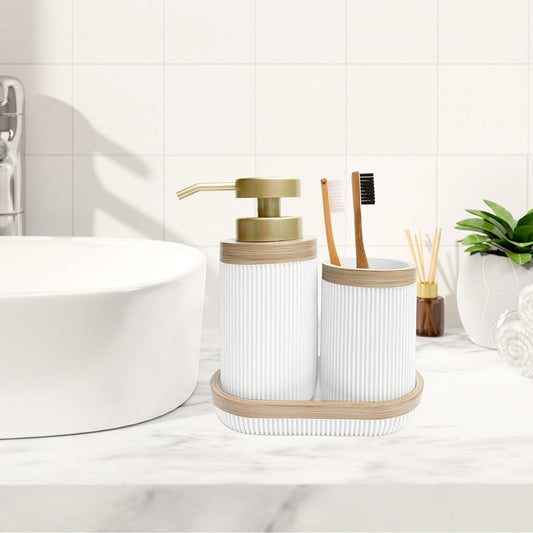 3-Piece Bath Accessories Set with Vanity Tray, Lotion Soap Pump, Bathroom Tumbler, Countertop Organizer, White