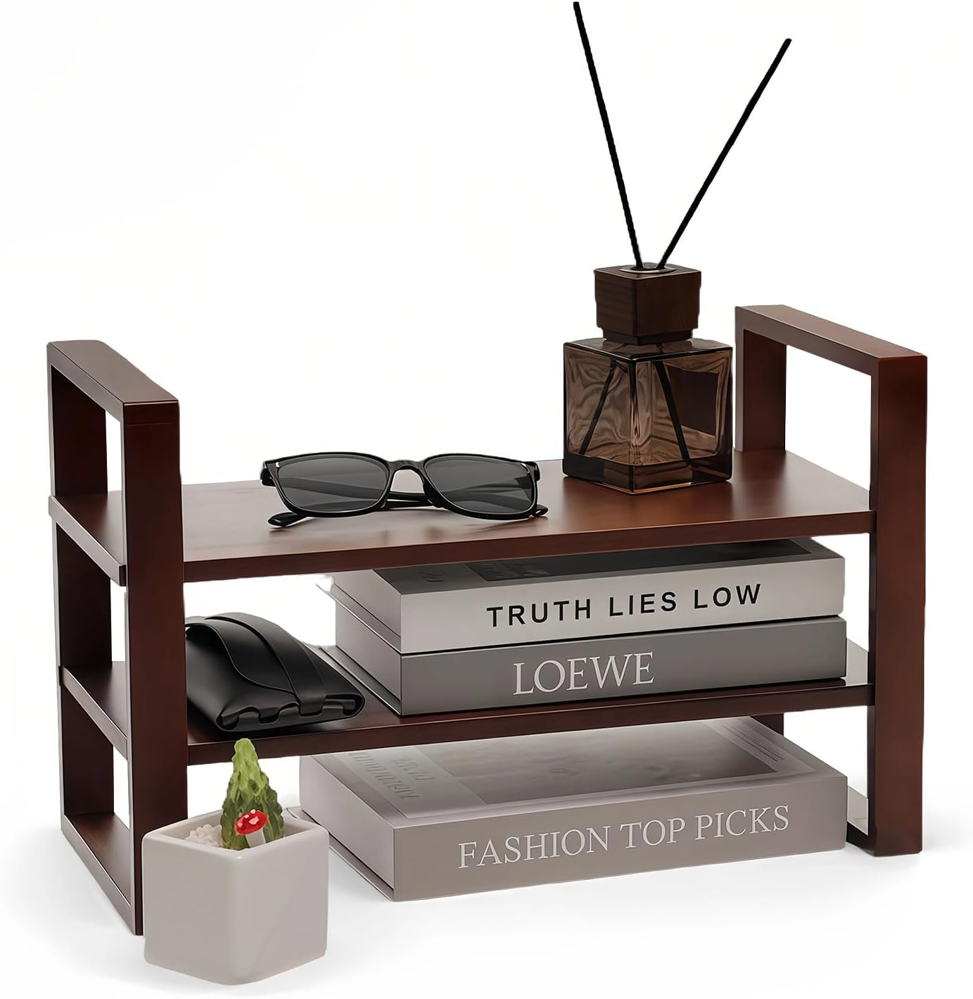 Desk Shelves Desktop Organizer Shelf - No Assembly Needed Holds 130lbs for Top of Desk Organizers and Accessories Corner Bookshelf Table Top Shelving in Office, Books, Bathroom Storage--Walnut Colour