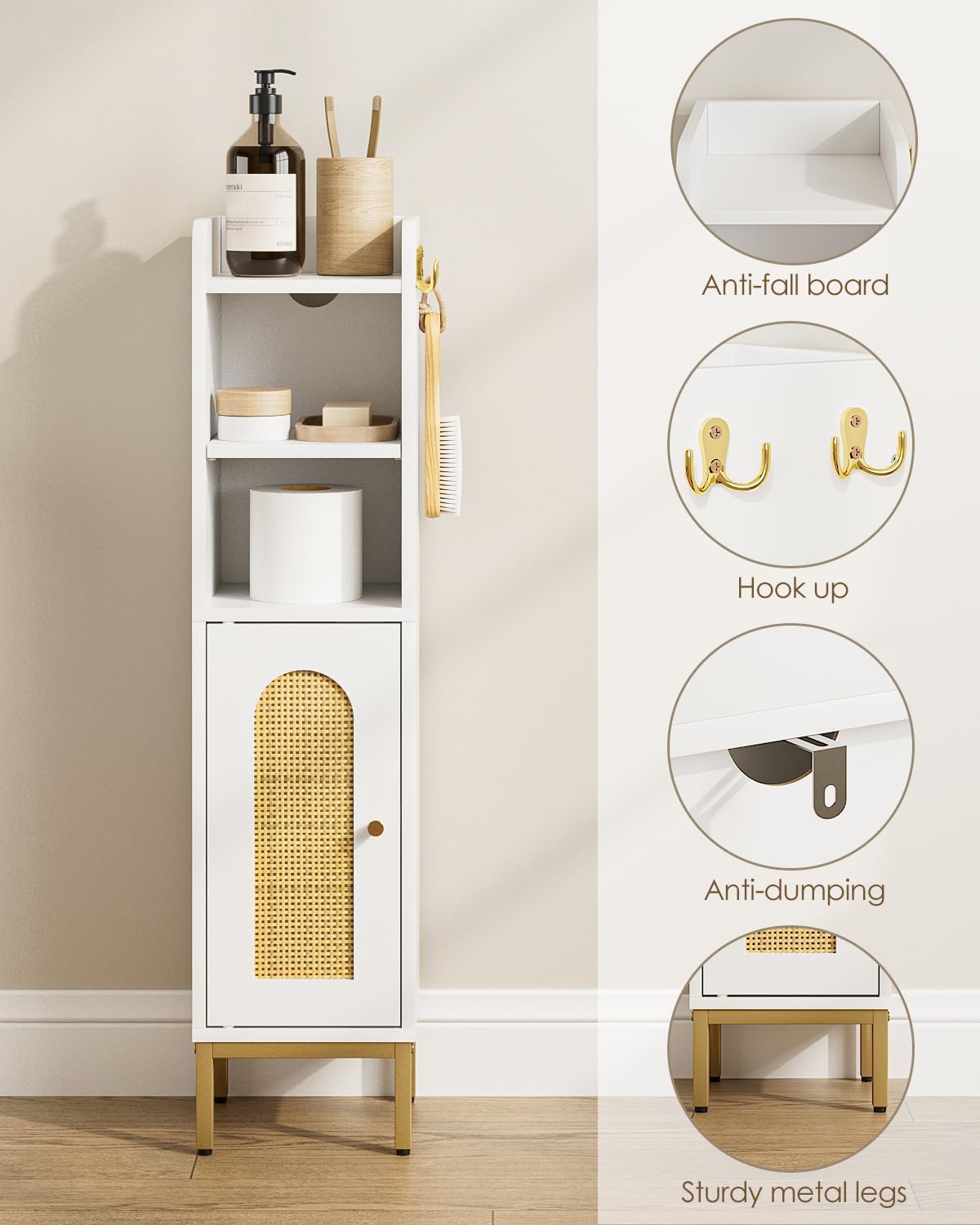 Bathroom Storage Cabinet, Small Corner Floor Hutch with Door and Shelves, Narrow Toilet Paper Cabinet, Bathroom Organizer with Adjustable Shelf, for Small Spaces (Classic-Rattan, White)