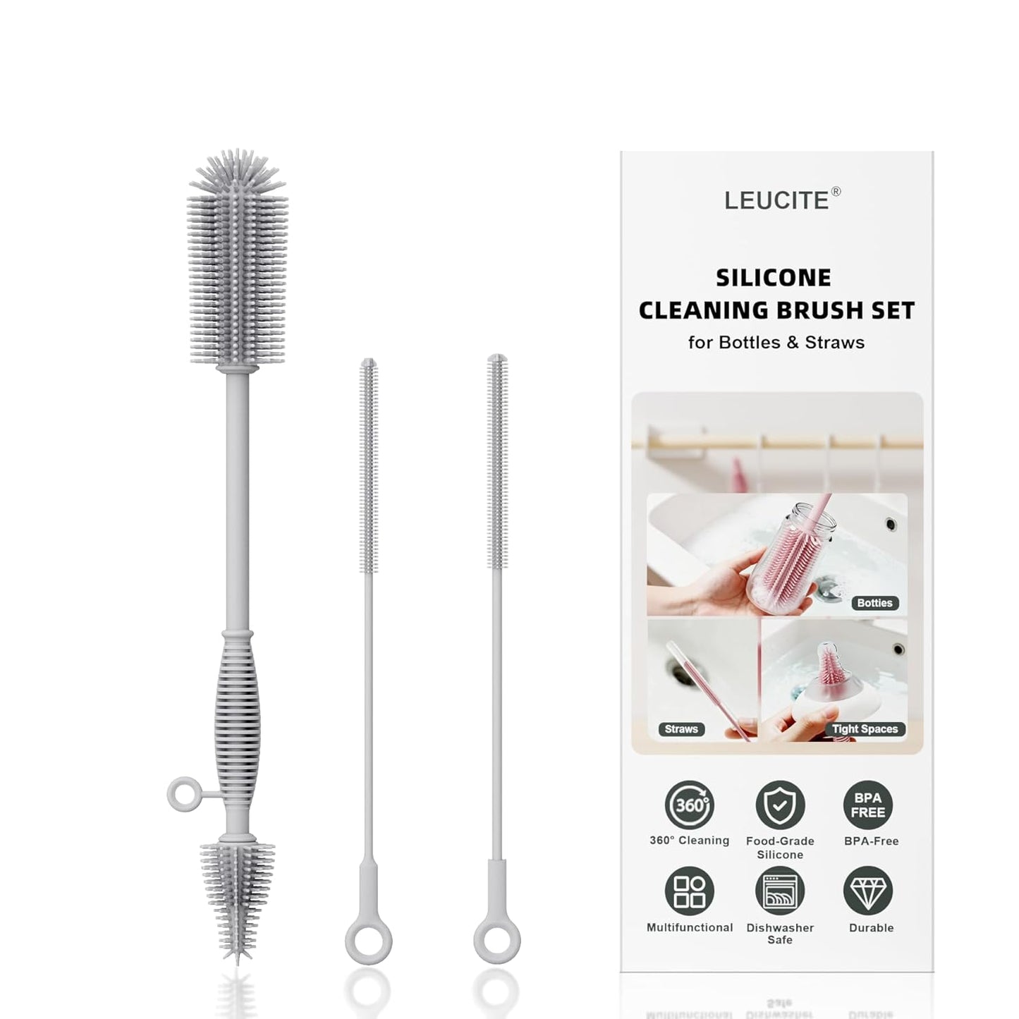 Silicone Cleaning Brush Kit,Water Bottle and Straw Cleaner Brush Set for Tumbler,Baby Bottle,Breast Pump Part,Nipple,Sippy Cup,Glass,Dishwasher Safe,BPA Free,3 Pcs