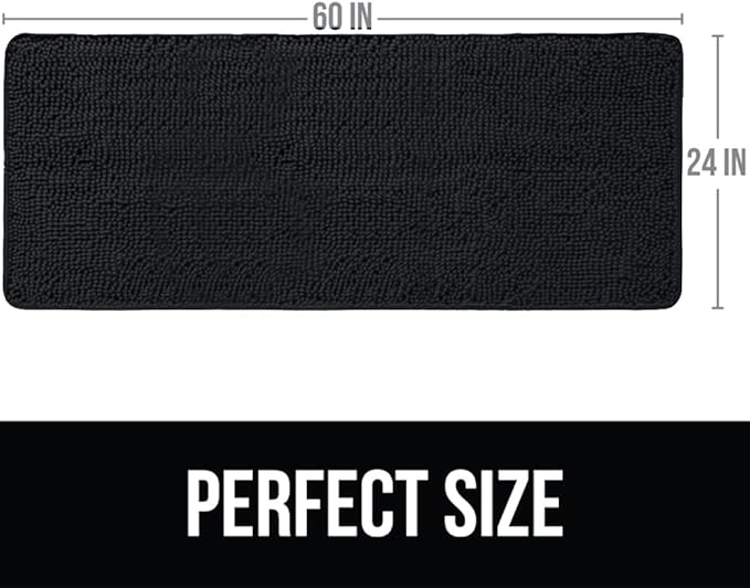 KANGAROO Bathroom Rugs, Chenille Soft Absorbent Bath Rug, Shaggy Shower Mat, Quick Dry Machine Wash Bathmat, Plush Carpet Mats for Tub, Bathtub and Room Home Decor Accessories, 60x24, Black