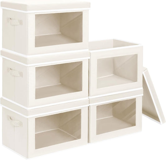 Storage Bins with Lids - Medium Storage Box with Lids, Foldable Closet Boxes for Organizing, Stackable Clothes Organizer with Window, Cubes Bins for Living Room, 5 Pack, Beige